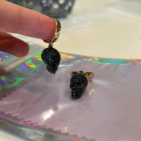 Black crystal pavé skull earrings with gold plated earring huggie. New/Handmade - Picture 2 of 6